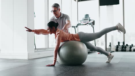 fitness, exercise ball and woman with personal