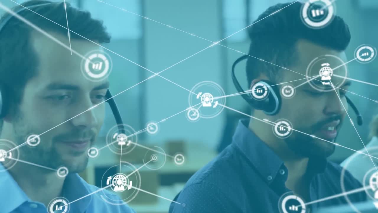 Animation of network of connections with icons over diverse business people using phone headsets