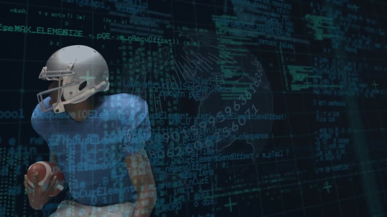 Animation of digital screen with globe over diverse male american football players