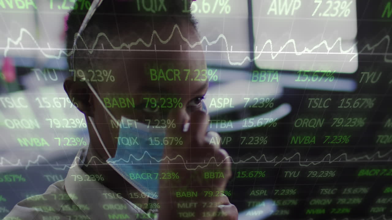 Animation of financial data processing over businesswoman wearing face mask in office