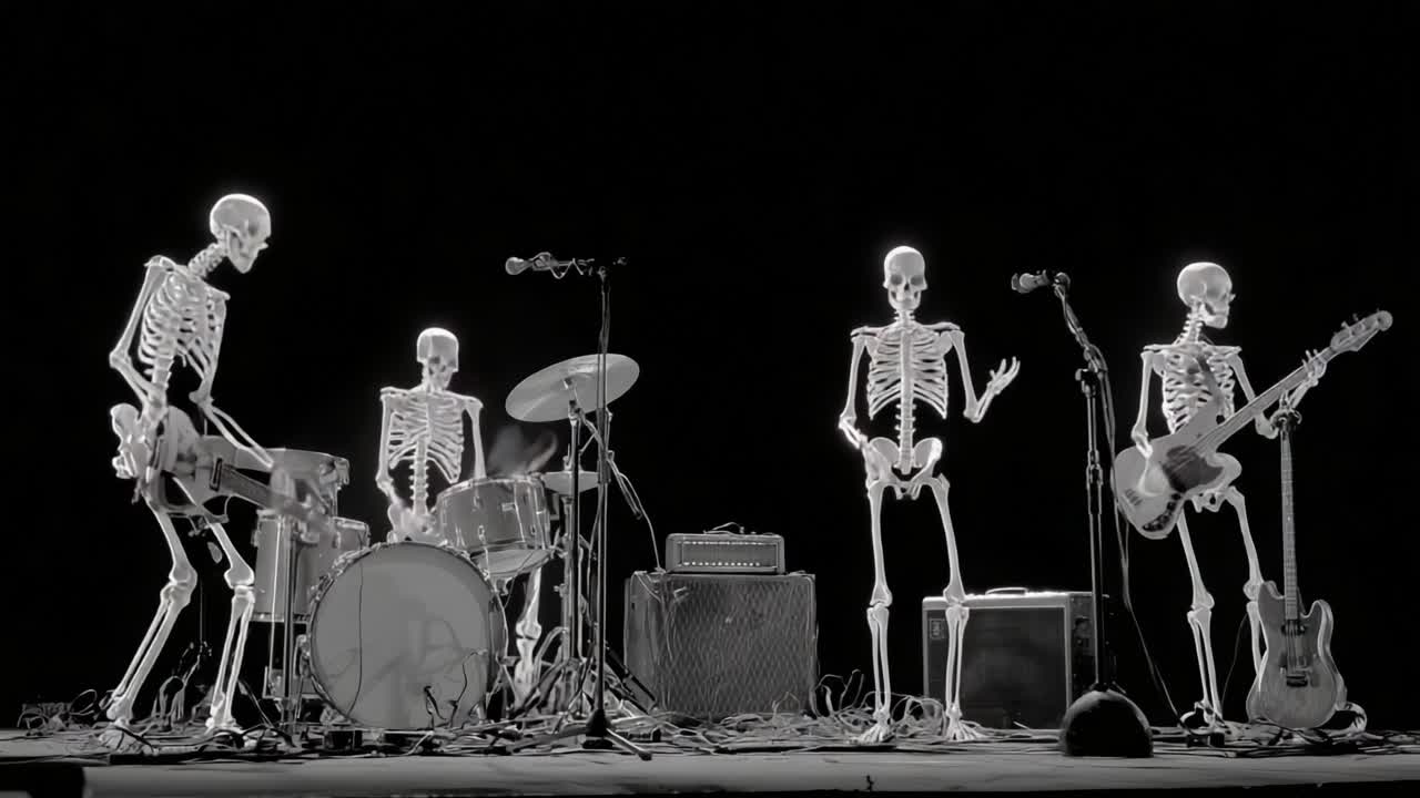 A Hypnotic Performance by Skeletons: Unforgettable Musical Vibes in an Eerie Yet Captivating Black and White Ambiance with Groovy Beats and Energetic Showmanship on Stage