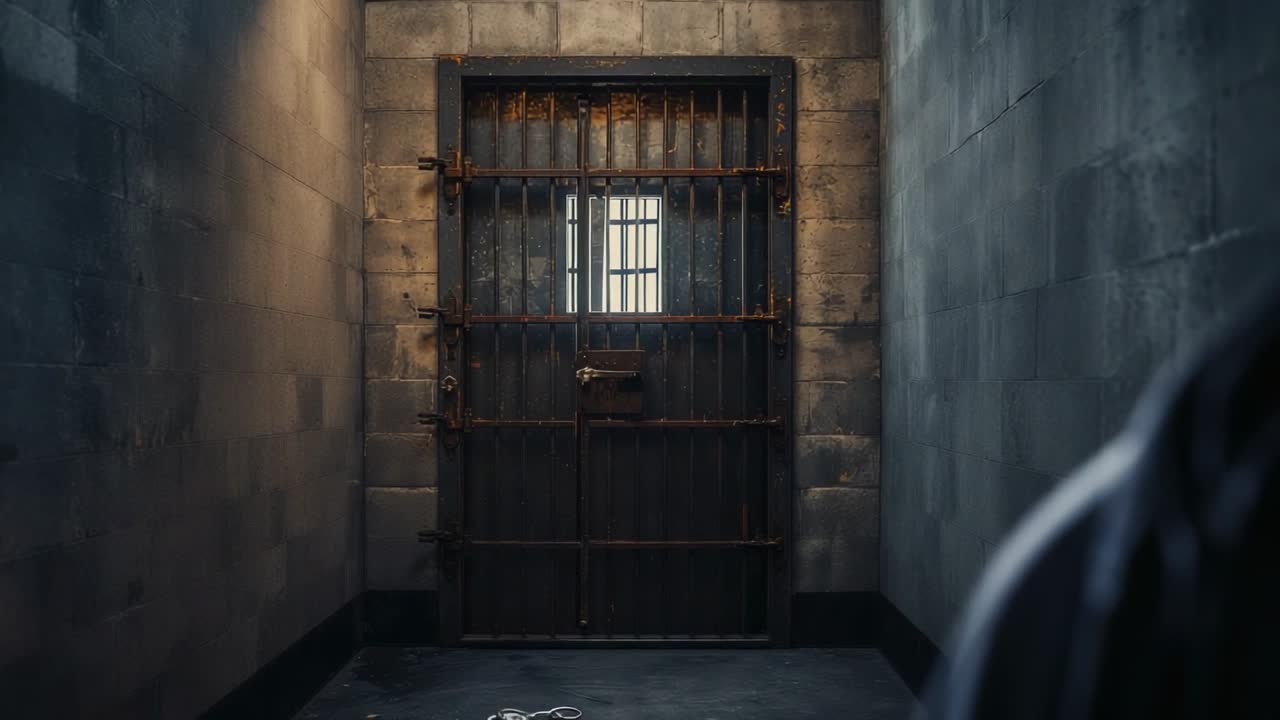 Approaching hooded figure noticing light, peering through barred door in cell, handcuffs on floor