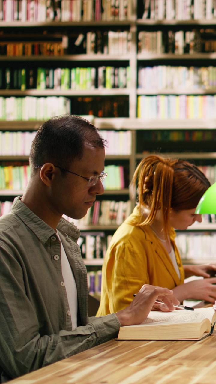 Video verticale: Studenti universitari seduti in biblioteca leggono libri e usano il portatile