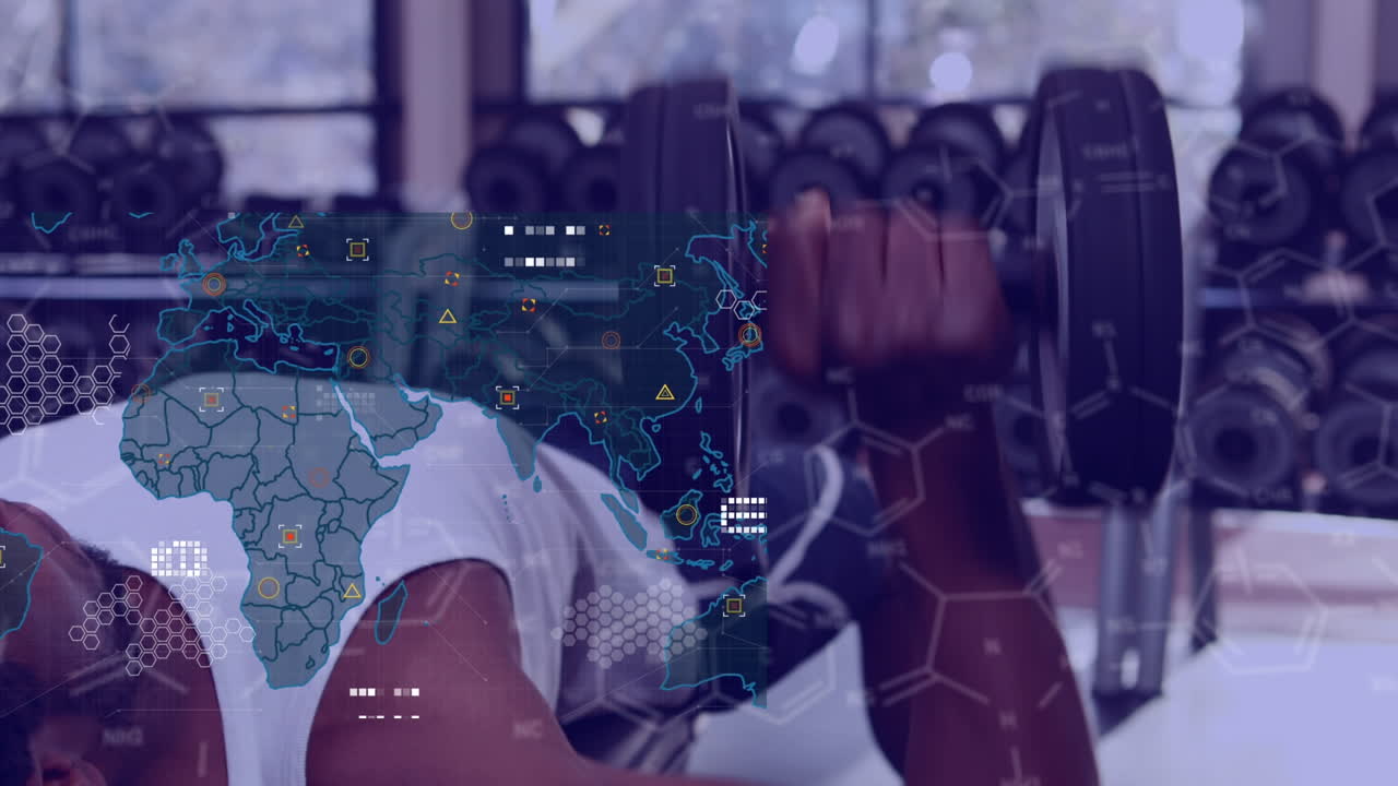 Animation of data processing over african american man exercising at gym
