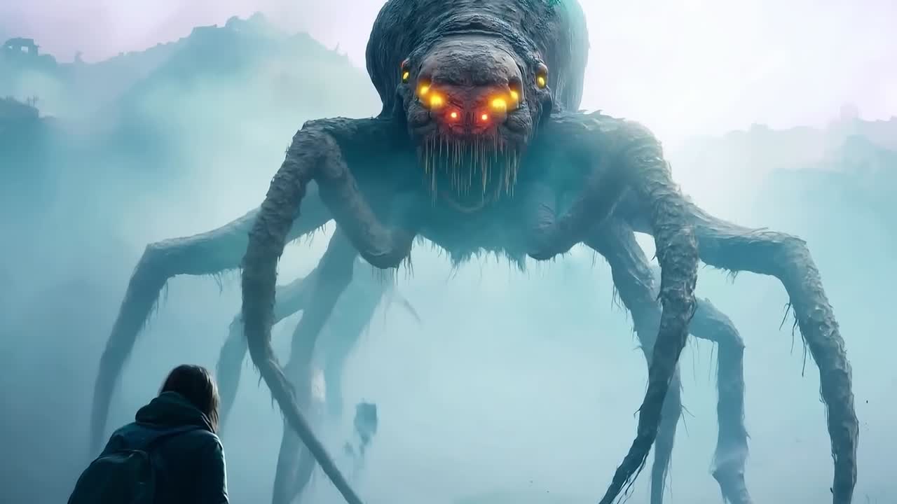 una persona de pie frente a una araña gigante en el océano