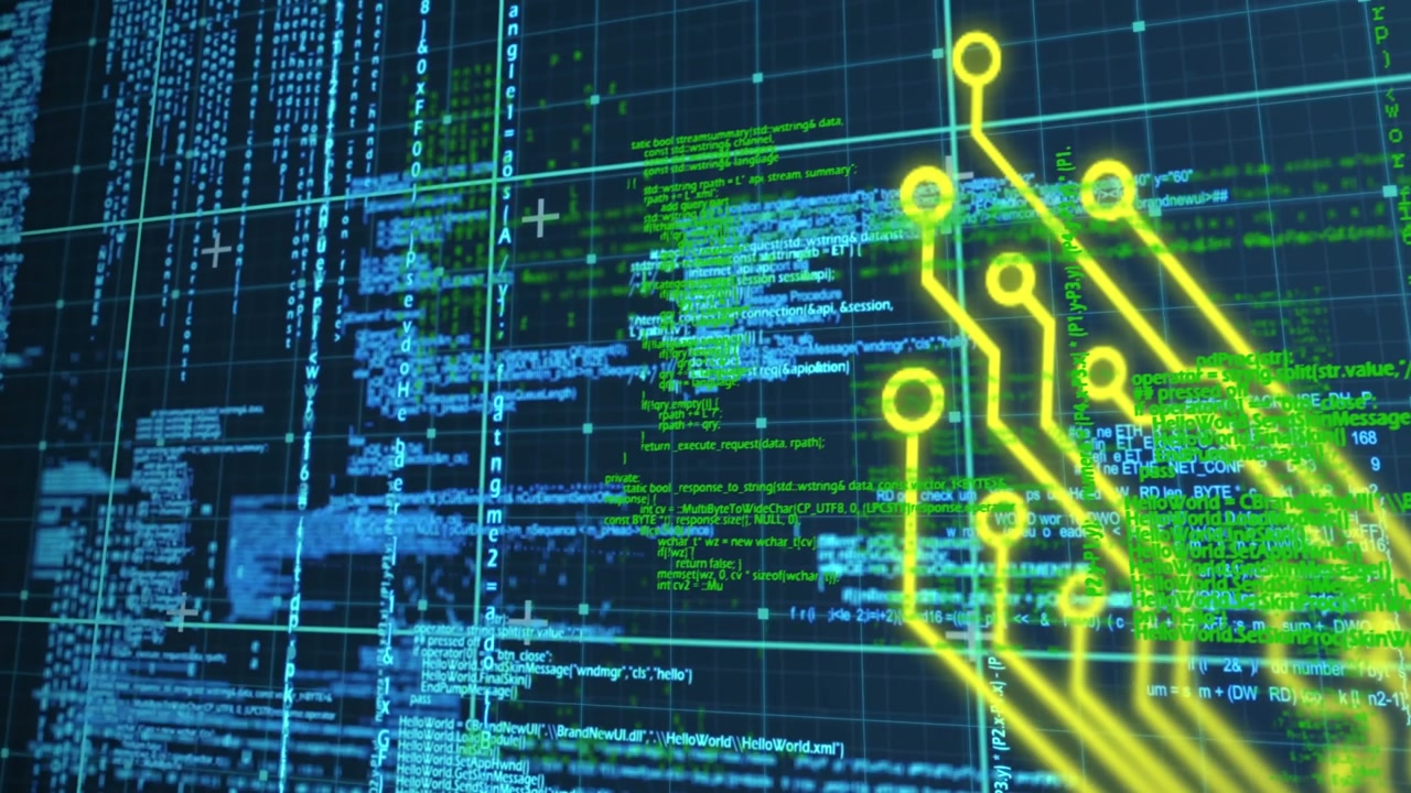 Animation of data processing and computer circuit board over grid