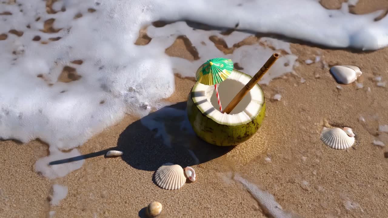 Green coconut with straw, decorated with a colorful cocktail umbrella, rests on the wet sand of a tropical beach, surrounded by seashells and kissed by the waves