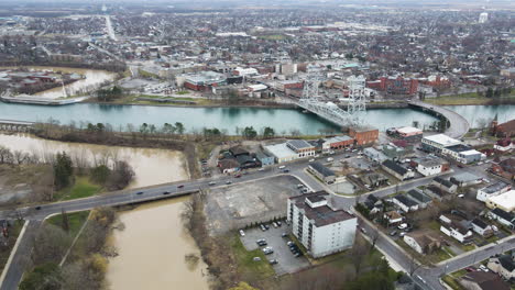welland canal bridge 13 in downtown welland, ontario, canada - aerial drone shot