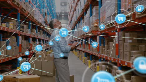 animation of network of connections with shopping trolley icons over caucasian man in warehous