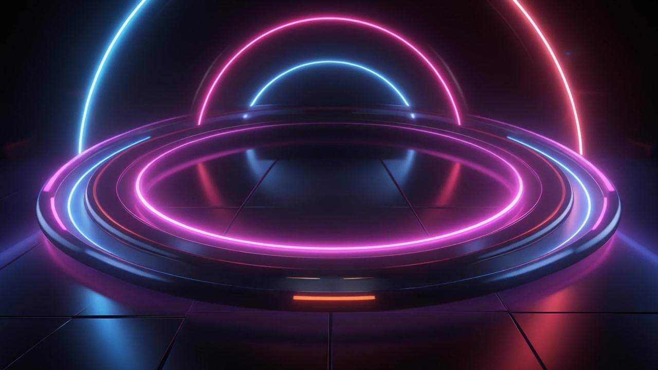 Palco circolare futuristico al neon con luci rosa e blu incandescenti