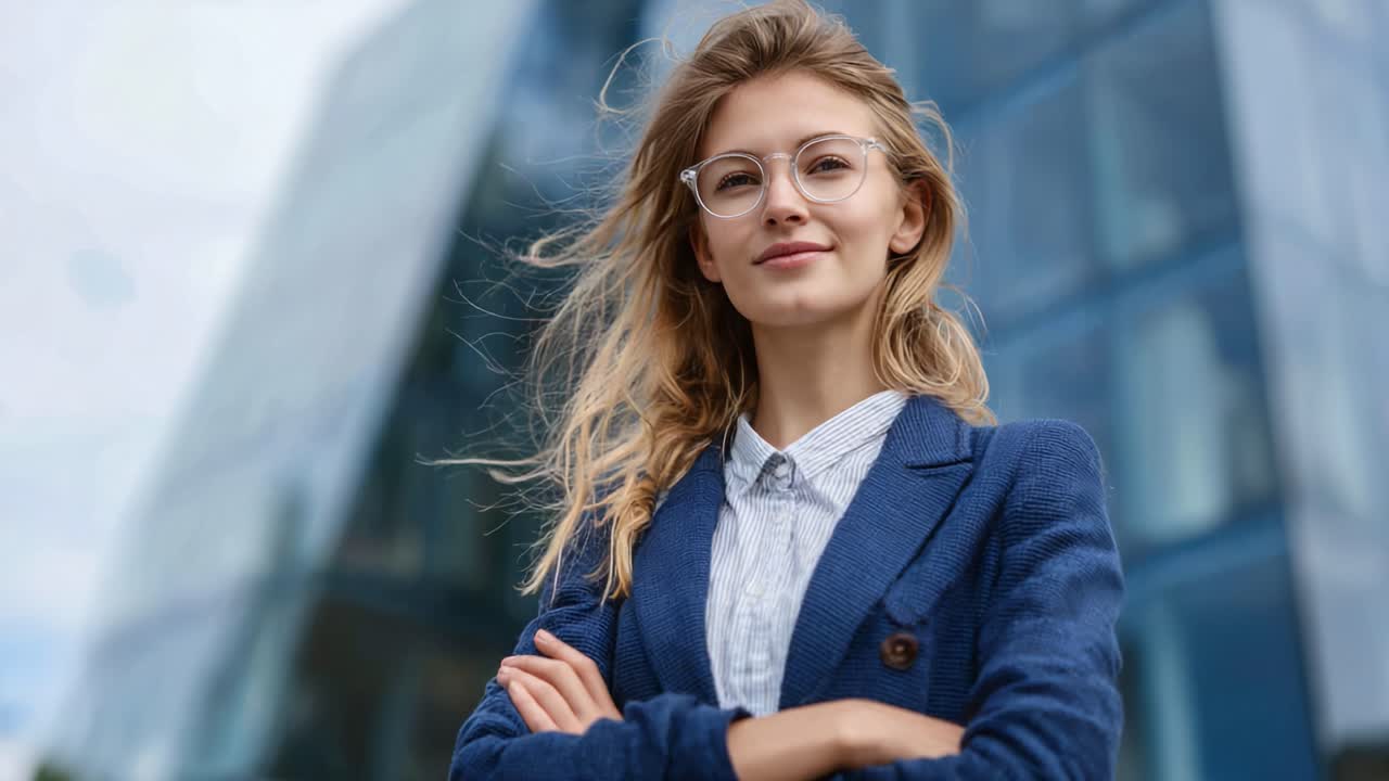 Giovane donna sicura di sé in abbigliamento professionale, in piedi all'aperto con i capelli al vento sullo sfondo di un edificio moderno, come esempio di leadership stimolante