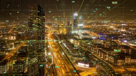ciudad inteligente imágenes aéreas de drones holograma arcos de información que se forman durante la comunicación de la red red futurista y tecnología 5g drone baja luz 4k. bucle de video, lapso de tiempo, vista aérea de dubai uae