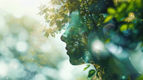 silhouette of a woman in nature with trees and leaves