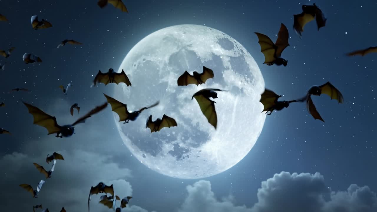 Emerging from shadows, brown bats fluttering across night sky amid drifting clouds, with full moon