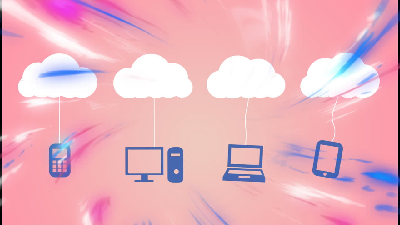 Animation of shapes moving over clouds with icons