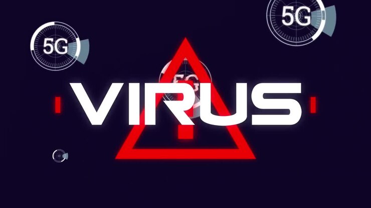 Word Virus written over warning road sign triangle and 5G with scopes scanning