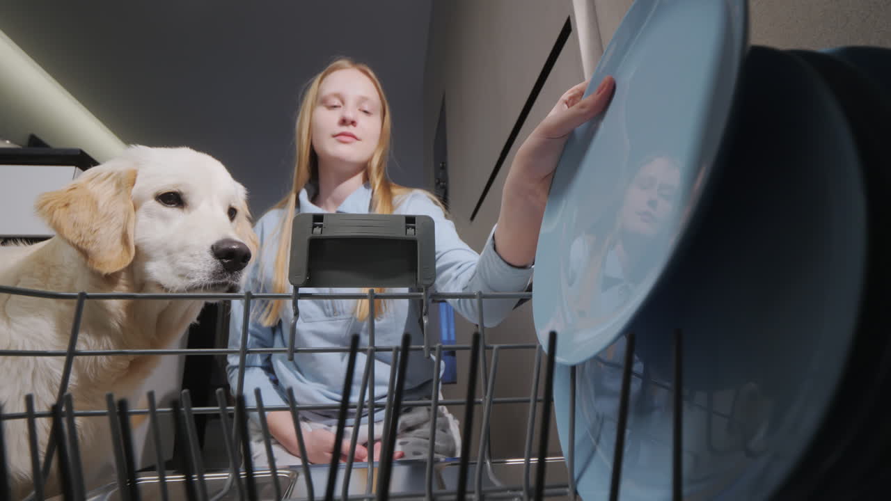 십대가 개와 함께 접시를 고 접시 세탁기를 습니다.