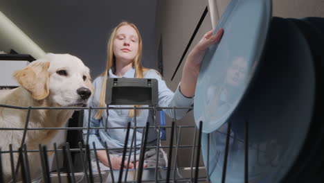 teenager cleaning dishes and loading dishwasher with dog