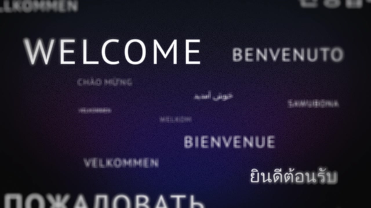 International welcome wordcloud flythrough animation in many languages. Cinematic and a dark pink backdrop.
