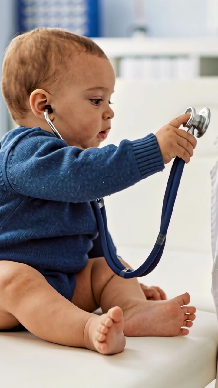 Video verticale: Posizionamento di auricolari, neonato in blu in clinica che preme il fonendoscopio sul tessuto ascoltando.