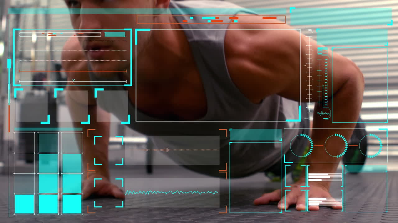 animación del procesamiento de datos en pantallas sobre el hombre caucásico haciendo ejercicio