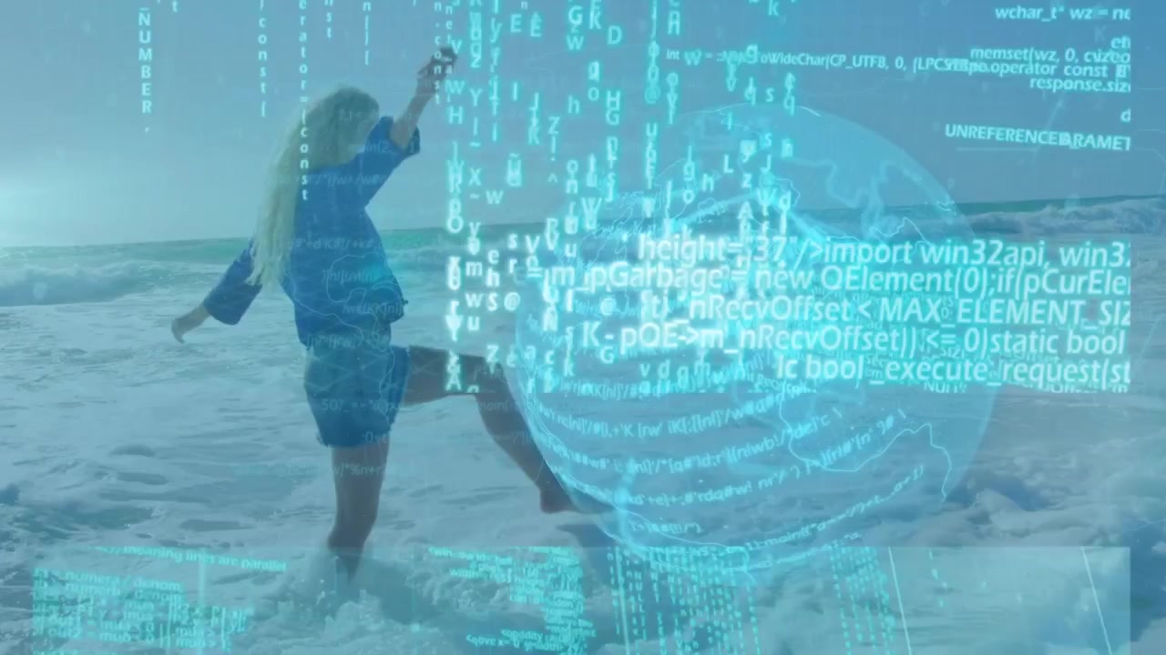 Animation of data, screens and globe over happy caucasian woman on beach