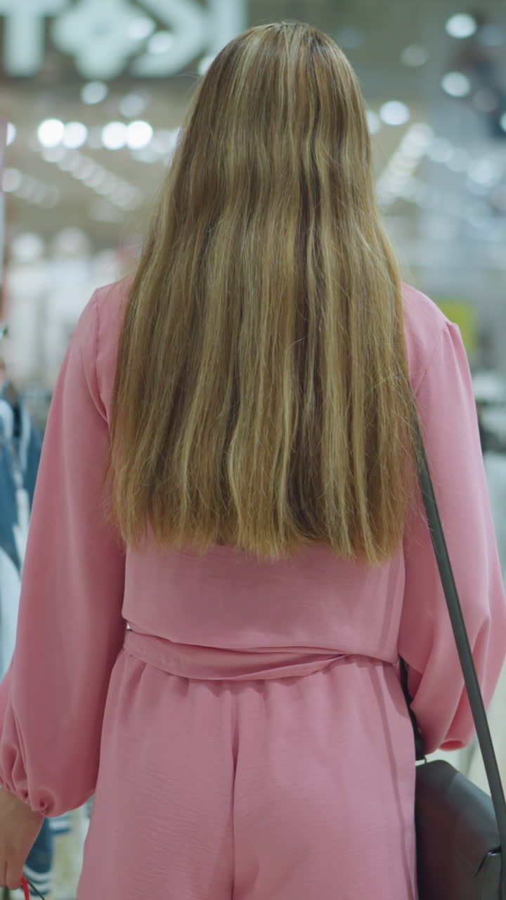 손에 검은 가방을 들고 쇼핑 물건을 들고 있는 분홍색 옷을 입은 여자의 뒷면, 밝은 빛으로 조명된 쇼핑몰에서 옷장을 걸어다니며, 다른 쇼핑객들은 옷을 관찰하면서 배경에 흐릿합니다.