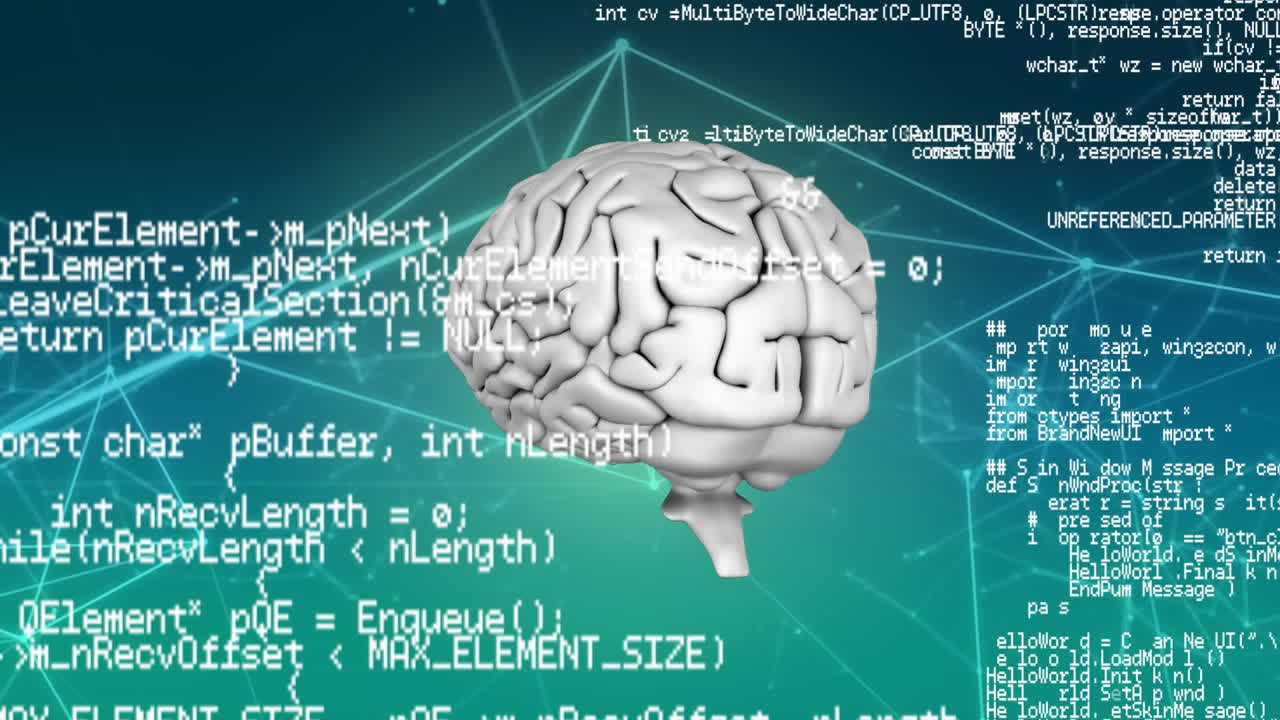 Digital animation of network of connections against spinning brain on green background