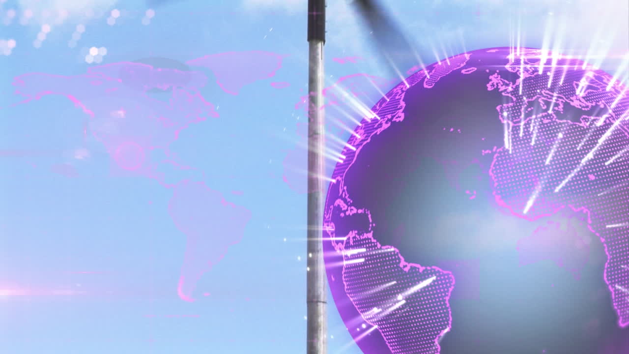 Animasi globe dengan peta dunia dan pemrosesan data di atas turbin angin