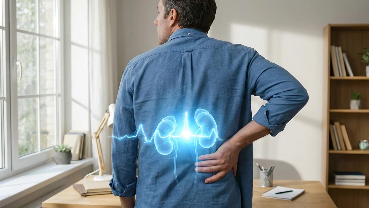 Man Experiencing Kidney Pain with Digital Anatomy Overlay