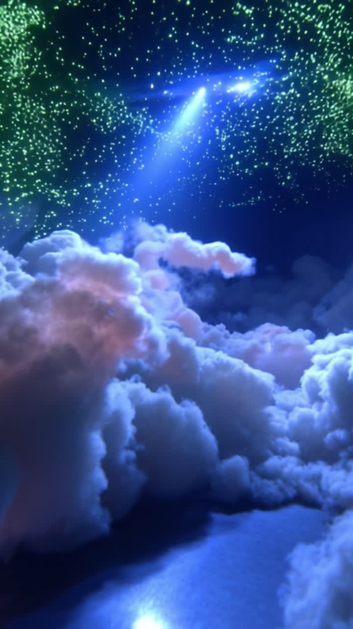 Un paesaggio onirico surreale: Nuvole eteree e luci cosmiche illuminano il cielo incantevole in un'esperienza visiva accattivante di meraviglia naturale.