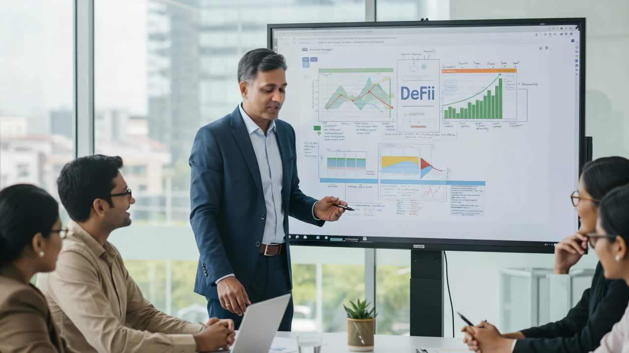 Engaging Business Presentation on DeFi Trends: A Confident Speaker Discusses Innovative Data with an Engaged Audience in a Modern Office Setting