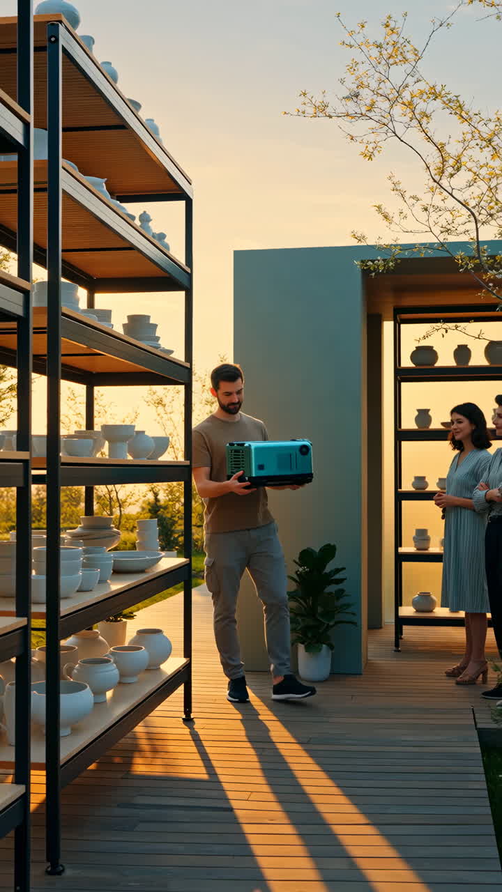 Pottery display with people and a portable generator