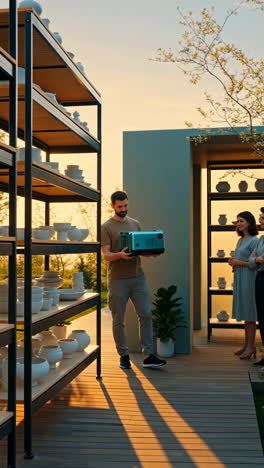 pottery display with people and a portable generator