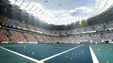 animation of confetti falling over sports stadium