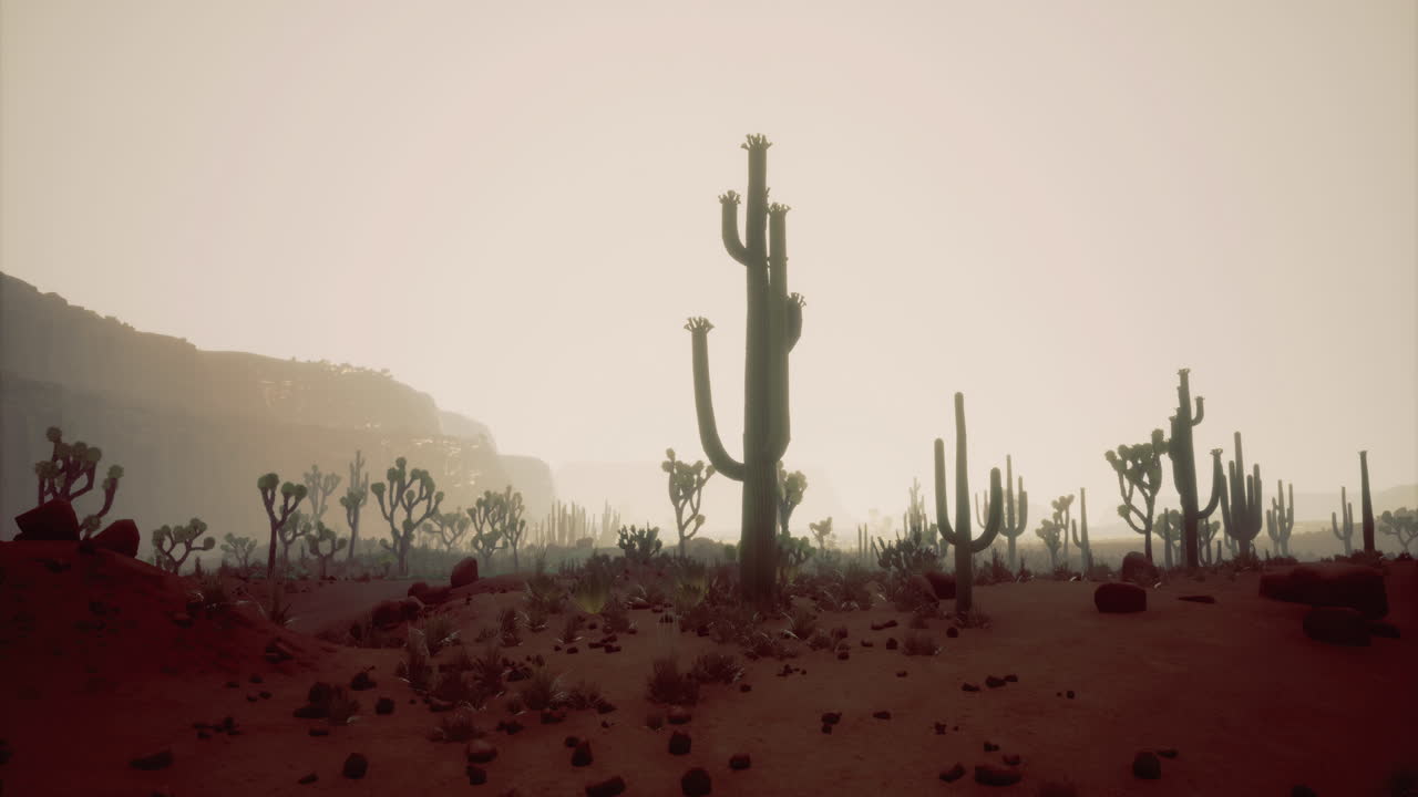 Vibrant desert landscape under hazy sunset reflecting tranquility and life