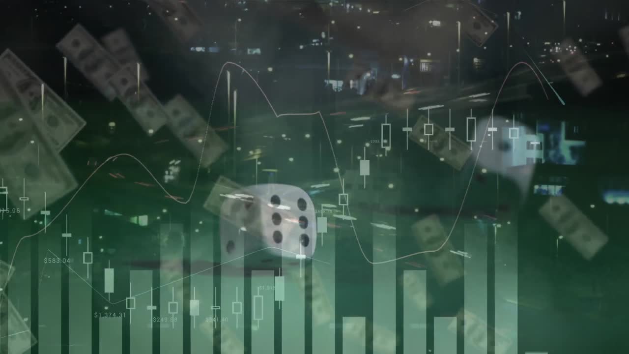 두 개의 주사위와 초록색 배경의 미국 달러 지폐에 대한 금융 데이터 처리 애니메이션