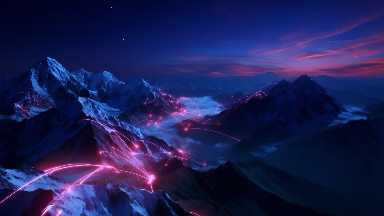 A Stunning Aerial View of Majestic Mountains Illuminated by Vibrant Pink Light Trails Against a Breathtaking Twilight Sky, Creating a Magical Atmosphere of Connectivity and Beauty