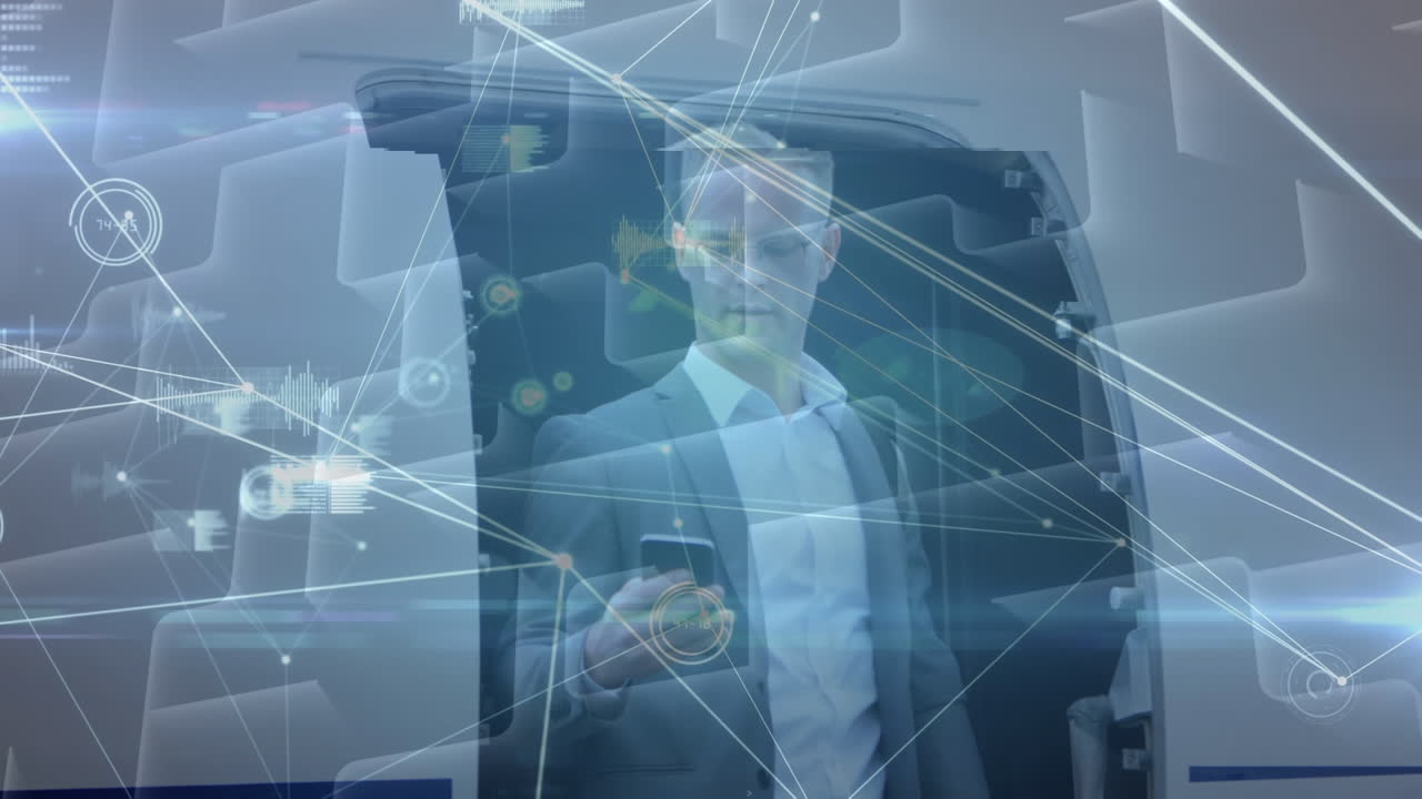 Animazione di rete di connessioni su uomo d'affari caucasico che usa uno smartphone all'aeroporto