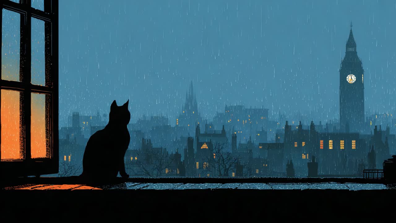Una serena vista serale di un gatto in silhouette che osserva un paesaggio urbano piovoso, completo di iconica torre dell'orologio e accoglienti luci urbane che brillano nella morbida luce del crepuscolo