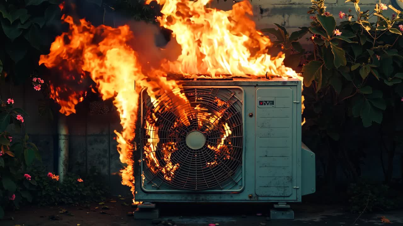 건물 앞에 불타는 큰 에어컨