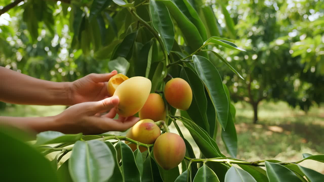 Hands picking ripe fruit from a tree in an orchard