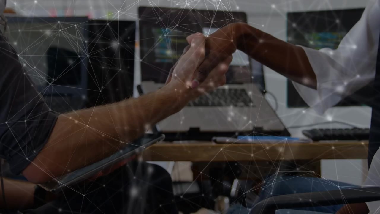 Animation of globe and connections over diverse business people shaking hands
