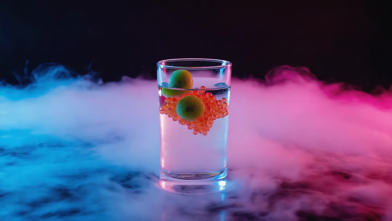 Mystical Drink with Green and Orange Spheres in Neon Smoke