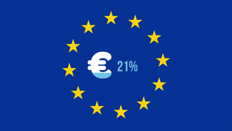 euro symbol and increasing percentage over stars spinning against blue background