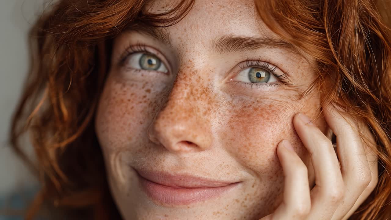 Captivating Expressions of Joy: A Series of Close-Up Portraits Featuring a Woman with Freckles and Striking Green Eyes, Showcasing Authentic Emotion and Beauty