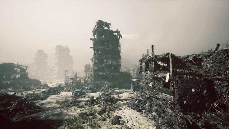 Deserted factory area filled with broken structures and debris
