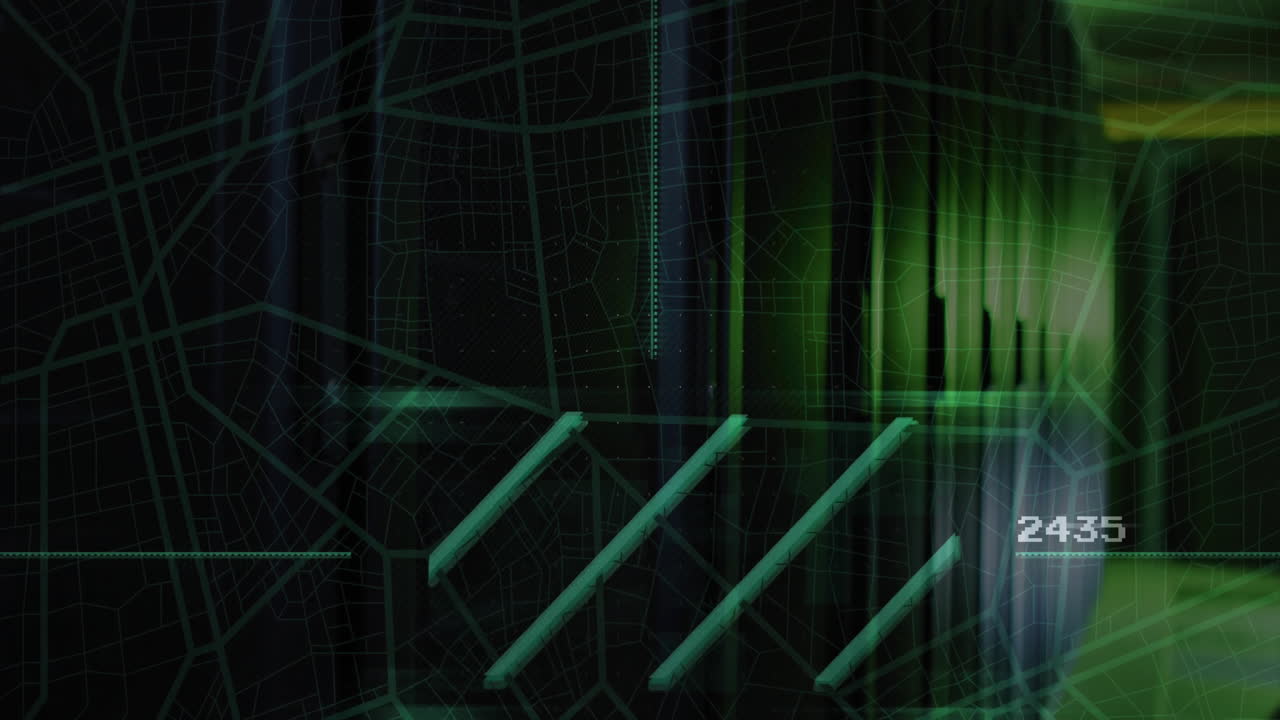Diagonal neon green bars being animated over grid backdrop, showing 2454 readout and HUD icons
