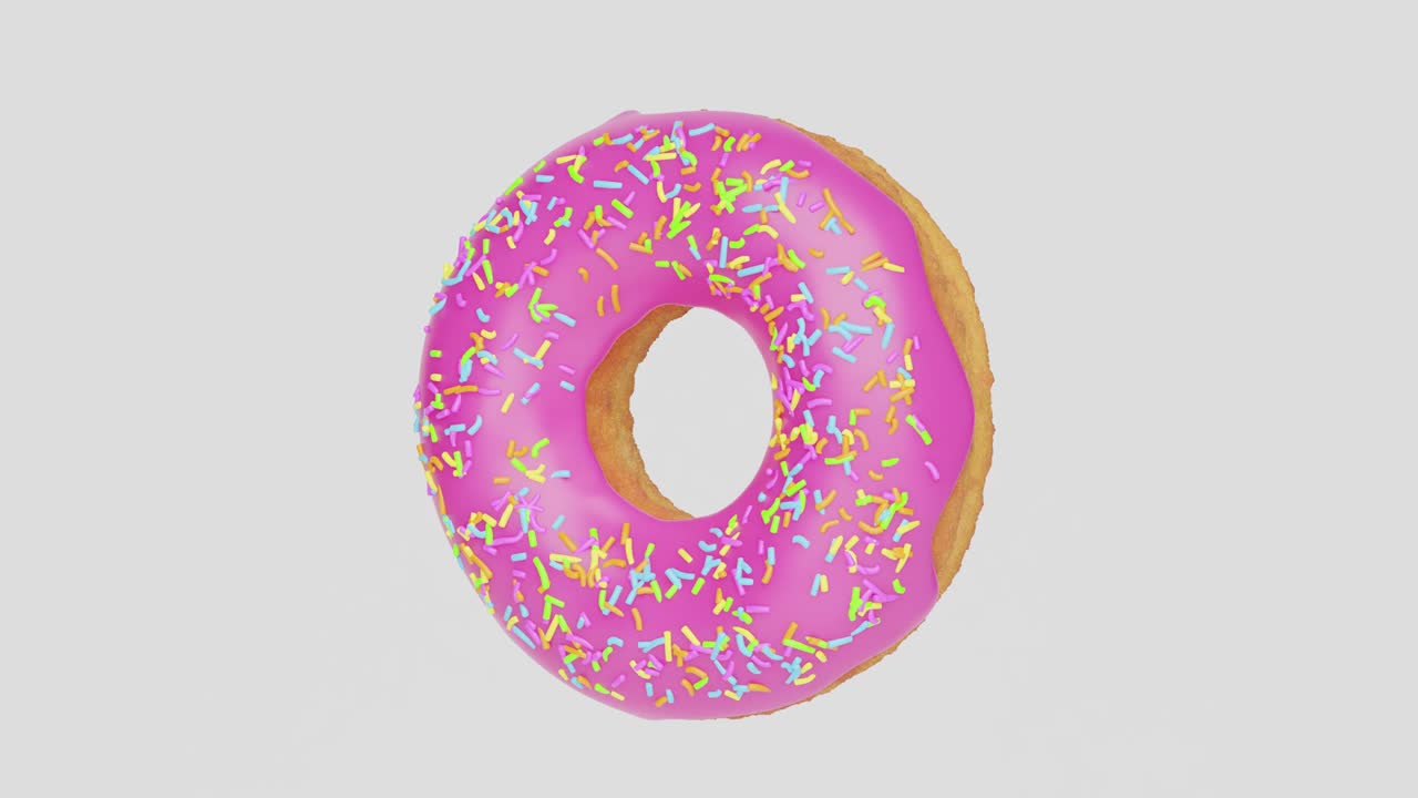 donut sabroso y dulce con glaseado rosa y salpicaduras de varios colores está girando sobre fondo blanco. video de bucle sin costuras.