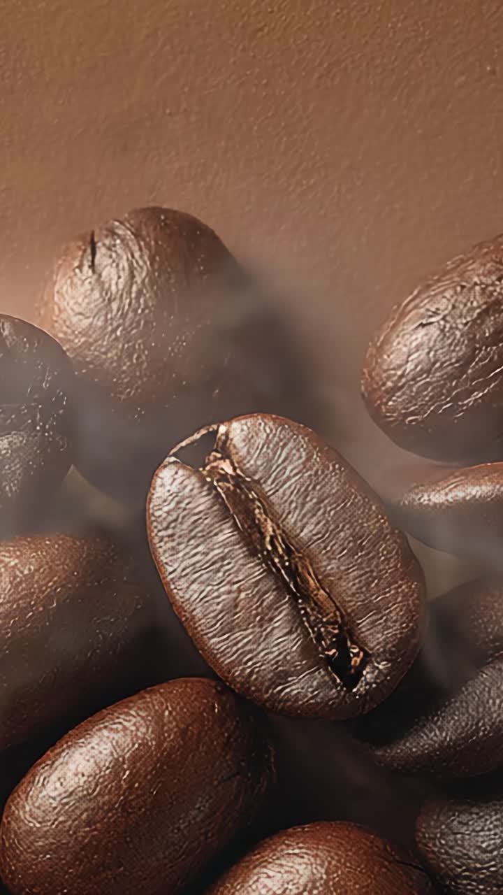 Una vista ravvicinata di chicchi di caffè tostati che ne evidenzia la ricca consistenza e l'aroma, catturando l'essenza dell'esperienza del caffè appena preparato.